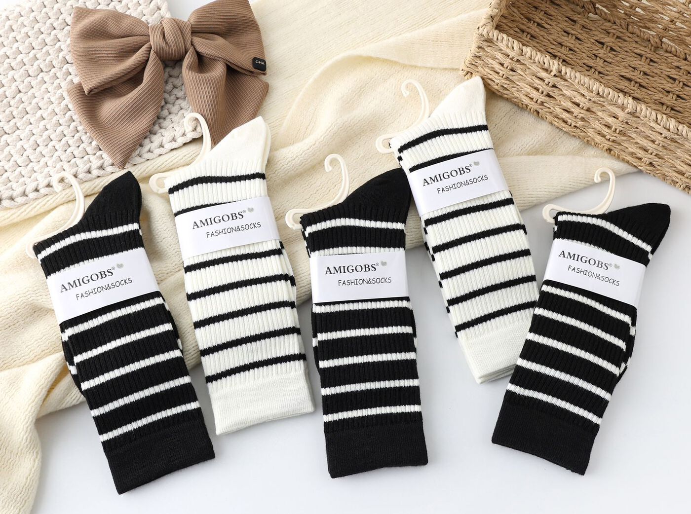 Носки женские тонкие “Amigobs” №9494 высокие, полоска (10 пар)