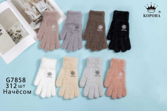 Перчатки женские “Корона” №G7858 пушистые, снежинка (12 пар)